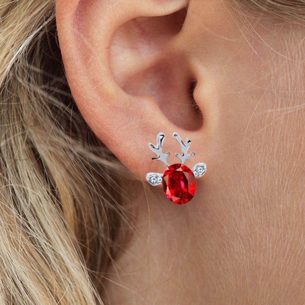 Silver & Red Crystal Reindeer Stud Earrings - Picture 4 of 8